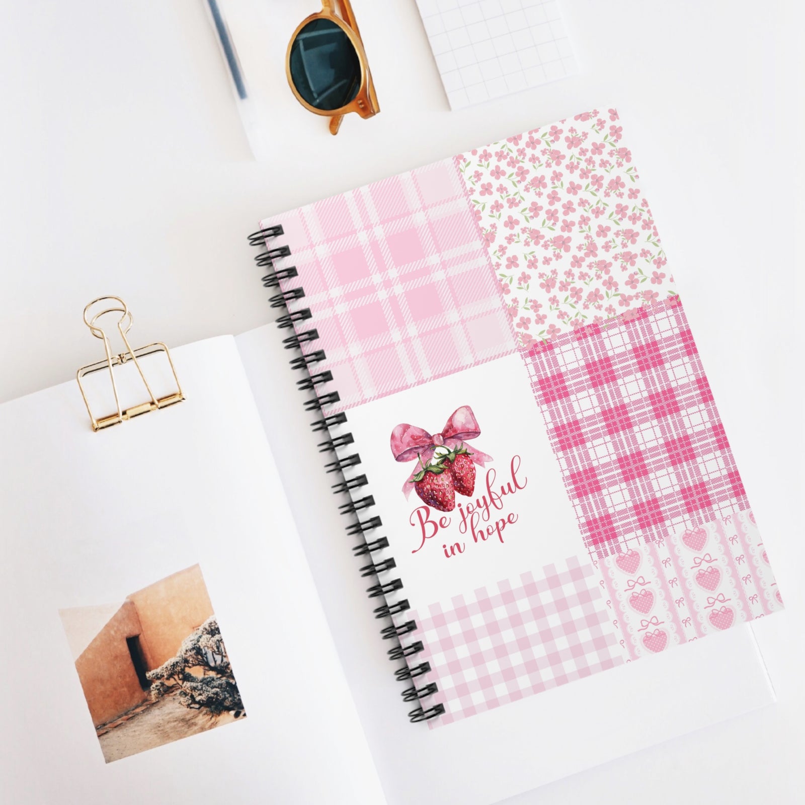 "Be Joyful in Hope" Strawberry & Pink Plaid Spiral Notebook – Ruled Lined