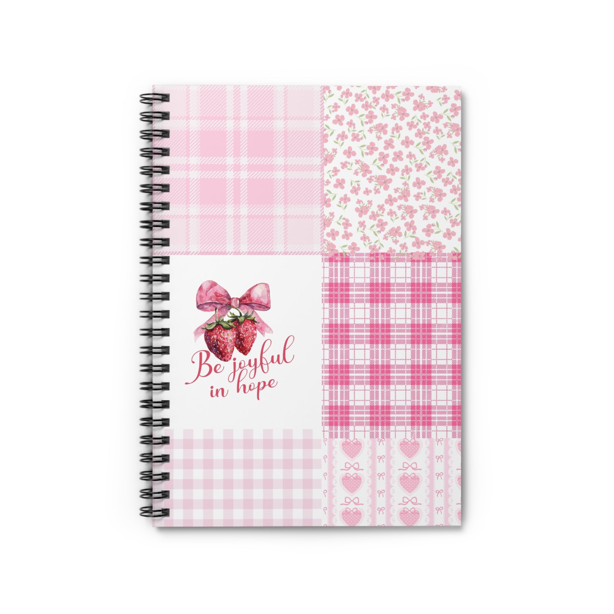 "Be Joyful in Hope" Strawberry & Pink Plaid Spiral Notebook – Ruled Lined