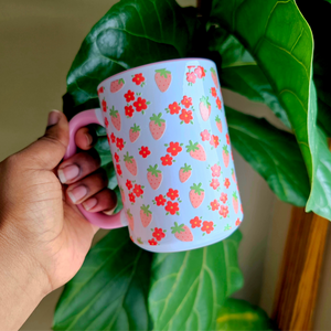 White Ceramic Mug - Small strawberries + Flowers