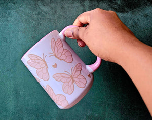 White Ceramic Mug - Butterflies + Small hearts