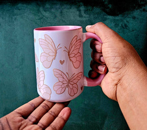 White Ceramic Mug - Butterflies + Small hearts