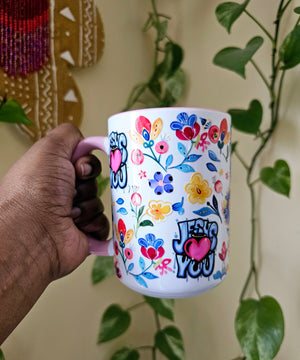 White Ceramic Mug - Jesus Loves You + Flowers