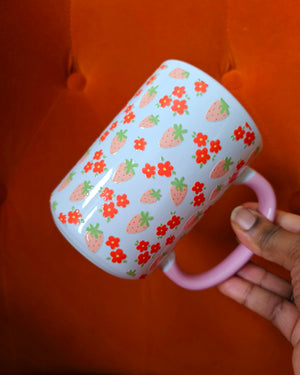 White Ceramic Mug - Small strawberries + Flowers