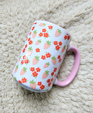 White Ceramic Mug - Small strawberries + Flowers