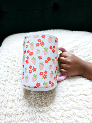 White Ceramic Mug - Small strawberries + Flowers