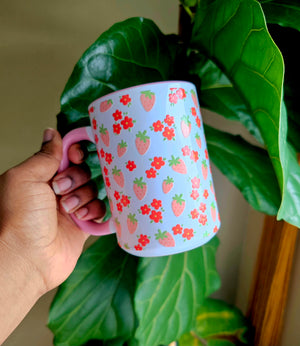 White Ceramic Mug - Small strawberries + Flowers