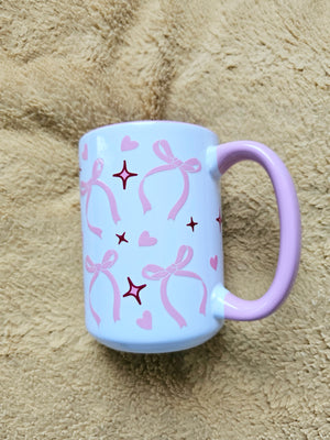 White Ceramic Mug - Ribbons + Hearts