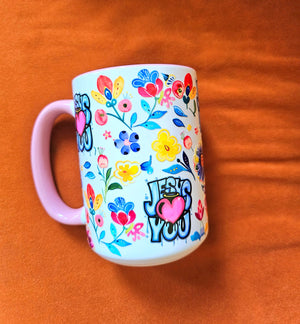 White Ceramic Mug - Jesus Loves You + Flowers