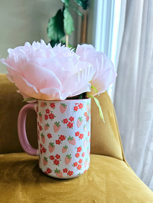 White Ceramic Mug - Small strawberries + Flowers