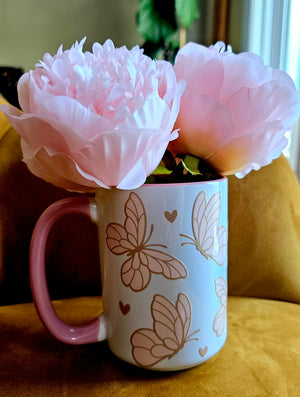 White Ceramic Mug - Butterflies + Small hearts