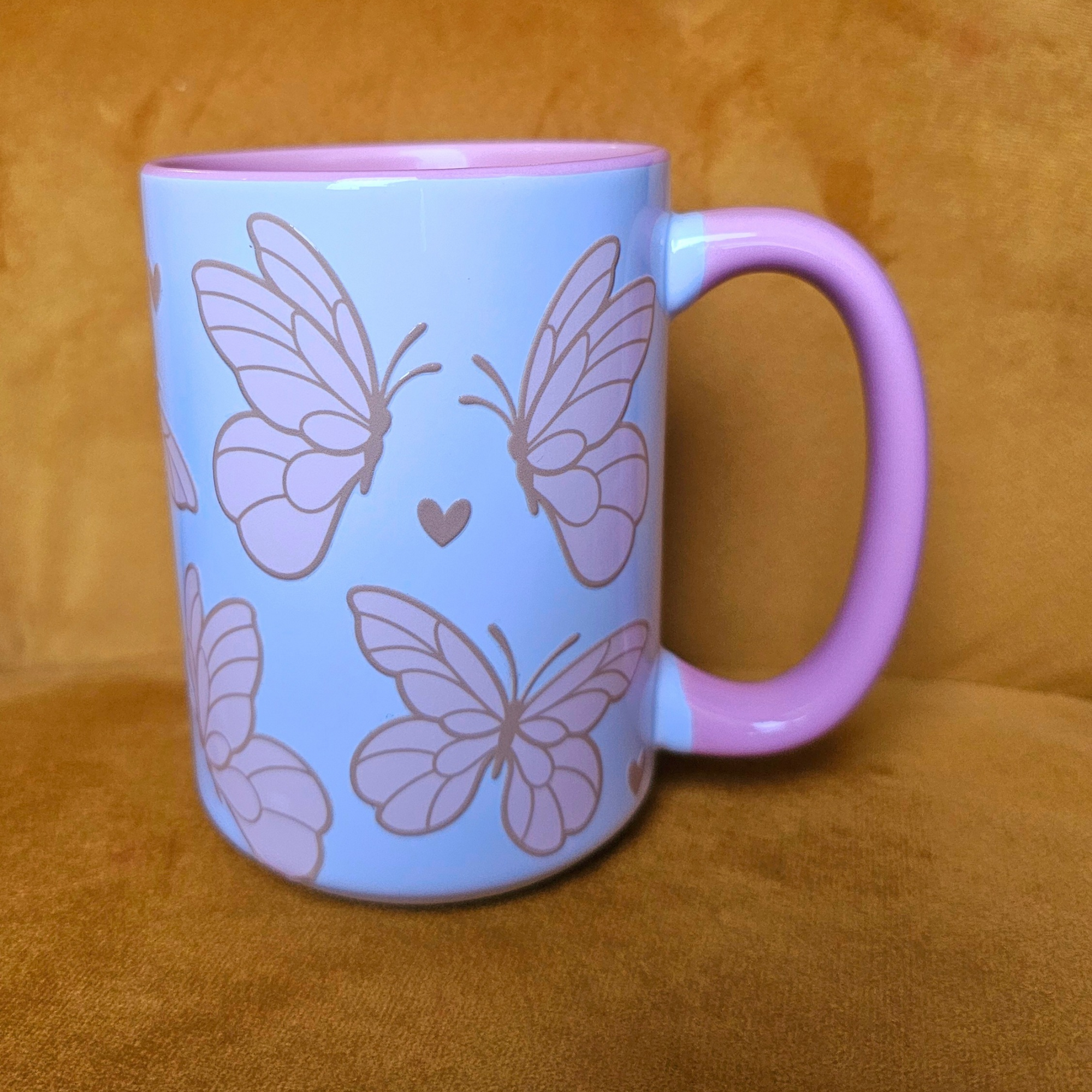 White Ceramic Mug - Butterflies + Small hearts