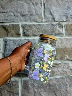 Butterflies & Flowers Glass Tumbler with handle