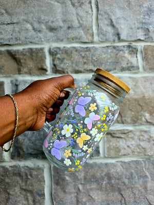 Butterflies & Flowers Glass Tumbler with handle