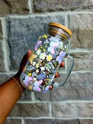 Butterflies & Flowers Glass Tumbler with handle