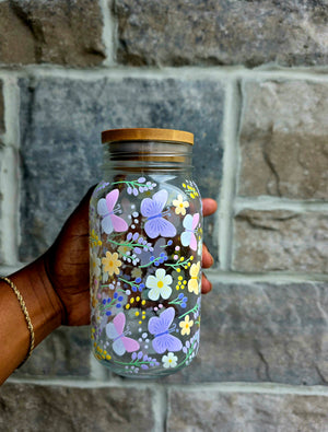 Butterflies & Flowers Glass Tumbler with handle