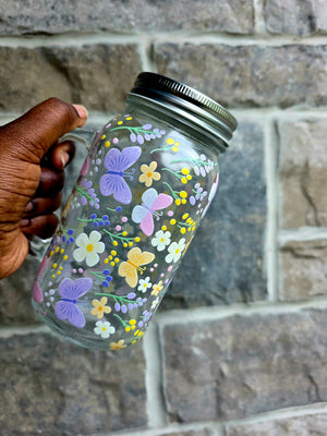 Butterflies & Flowers Glass Tumbler with handle