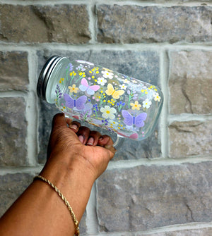 Butterflies & Flowers Glass Tumbler with handle