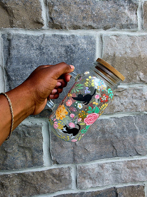 Cats & Flowers Glass Tumbler with handle