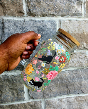Cats & Flowers Glass Tumbler with handle