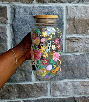 Cats & Flowers Glass Tumbler with handle