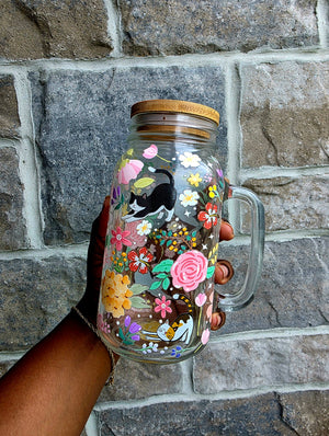 Cats & Flowers Glass Tumbler with handle