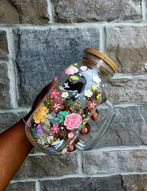 Cats & Flowers Glass Tumbler with handle