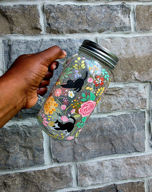 Cats & Flowers Glass Tumbler with handle