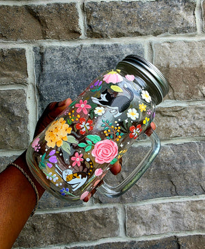Cats & Flowers Glass Tumbler with handle