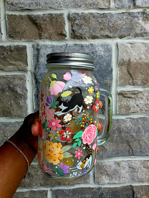 Cats & Flowers Glass Tumbler with handle