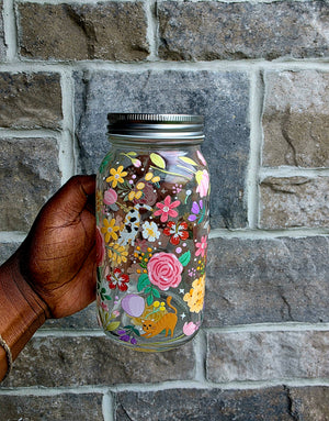 Cats & Flowers Glass Tumbler with handle