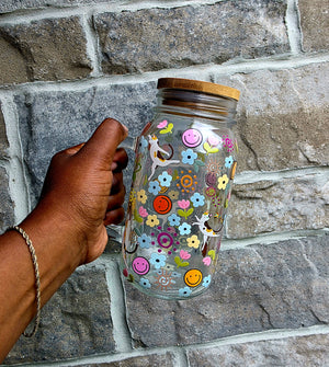 Dogs & Flowers Glass Tumbler with handle