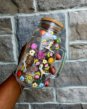 Dogs & Flowers Glass Tumbler with handle