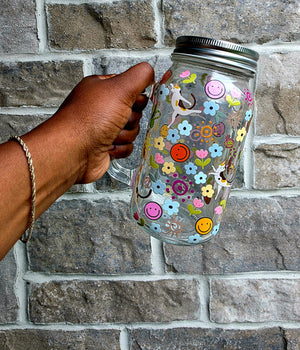 Dogs & Flowers Glass Tumbler with handle