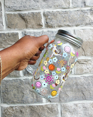 Dogs & Flowers Glass Tumbler with handle