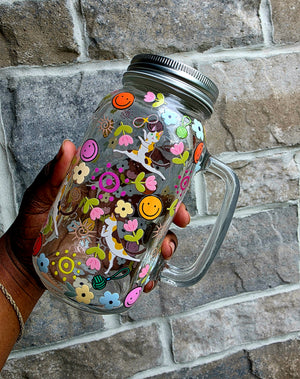 Dogs & Flowers Glass Tumbler with handle