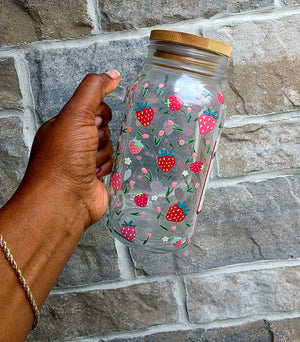 Strawberries & Flowers Glass Mug with Handle