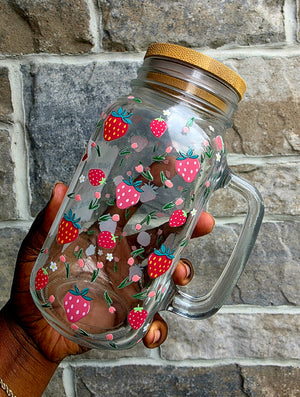 Strawberries & Flowers Glass Mug with Handle