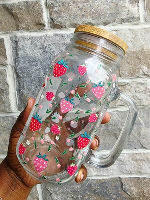 Strawberries & Flowers Glass Mug with Handle
