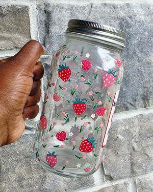 Strawberries & Flowers Glass Mug with Handle