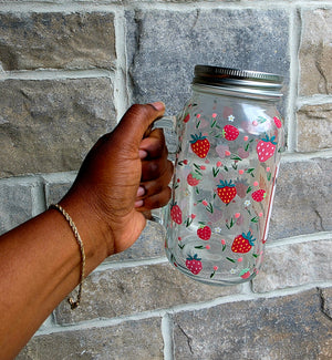 Strawberries & Flowers Glass Mug with Handle