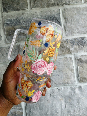 Pastries & Flowers Glass Tumbler with Handle