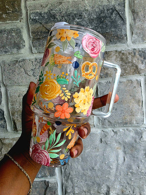 Pastries & Flowers Glass Tumbler with Handle