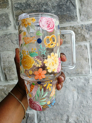Pastries & Flowers Glass Tumbler with Handle