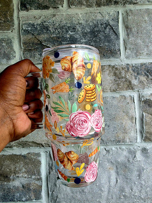 Pastries & Flowers Glass Tumbler with Handle