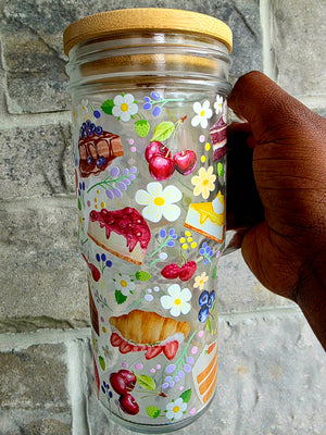 Pastries & Fruits Glass Tumbler with Handle