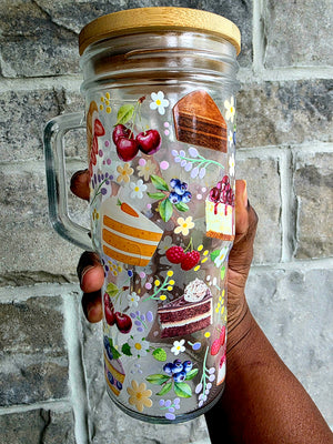 Pastries & Fruits Glass Tumbler with Handle