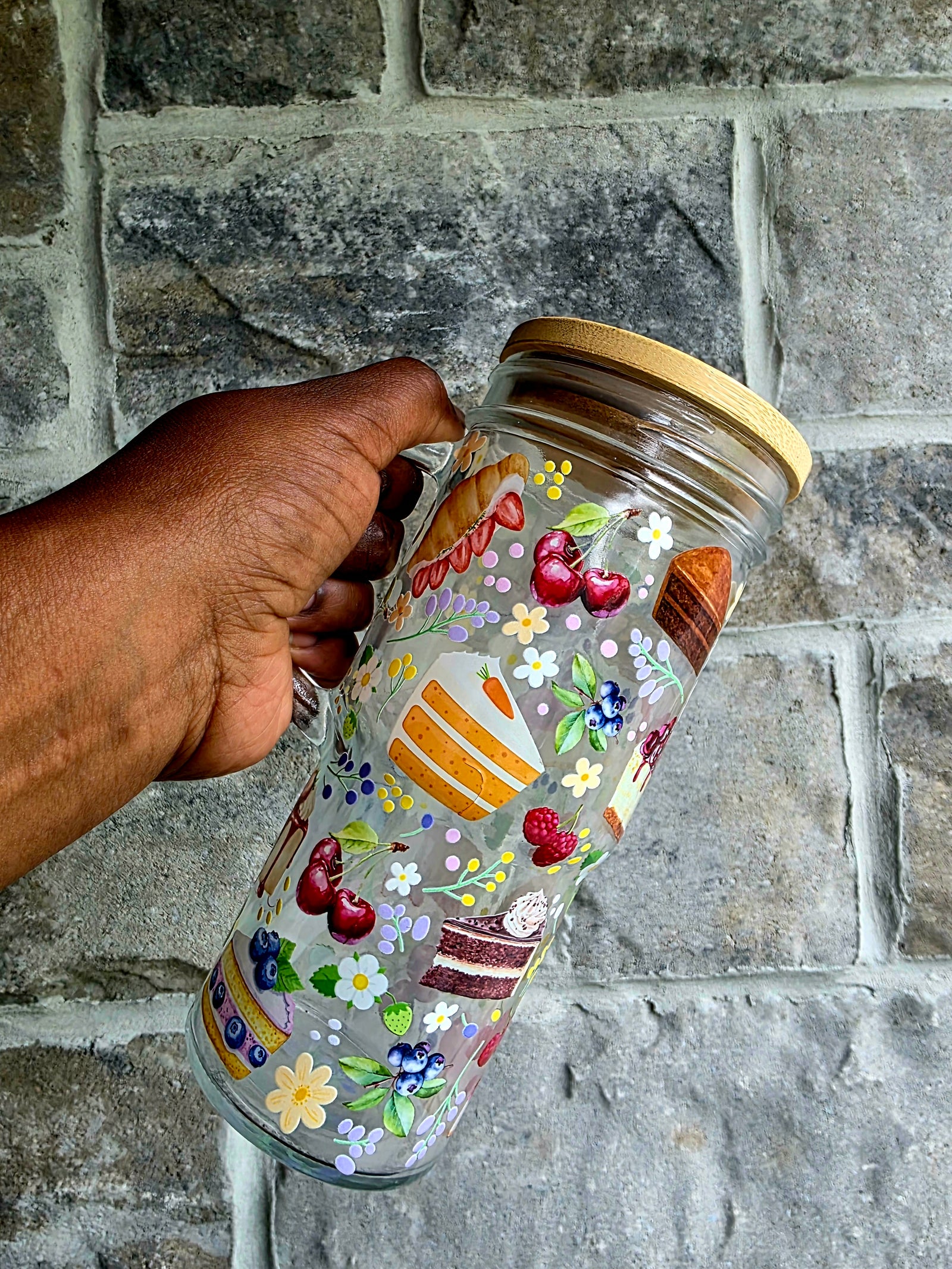 Pastries & Fruits Glass Tumbler with Handle