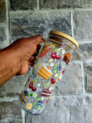 Pastries & Fruits Glass Tumbler with Handle