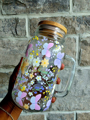 Butterflies & Flowers Glass Tumbler with handle