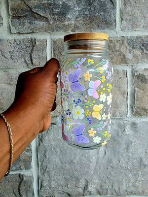 Butterflies & Flowers Glass Tumbler with handle